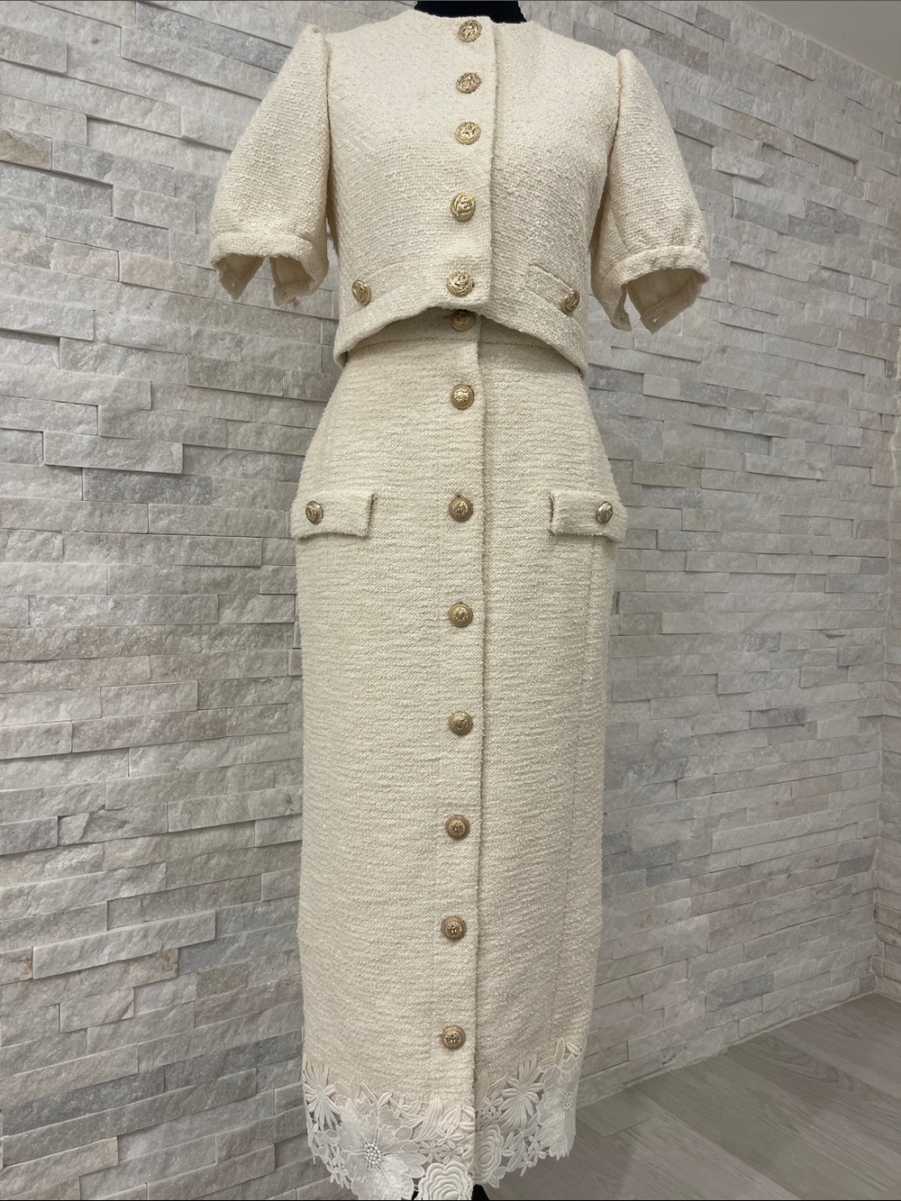 Generation Love Cream Tweed Button-Front Pencil Skirt Set with Lace Hem